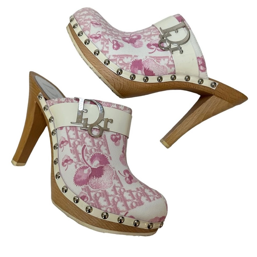Dior Pink and Cream Women's Mules with Wooden Heel